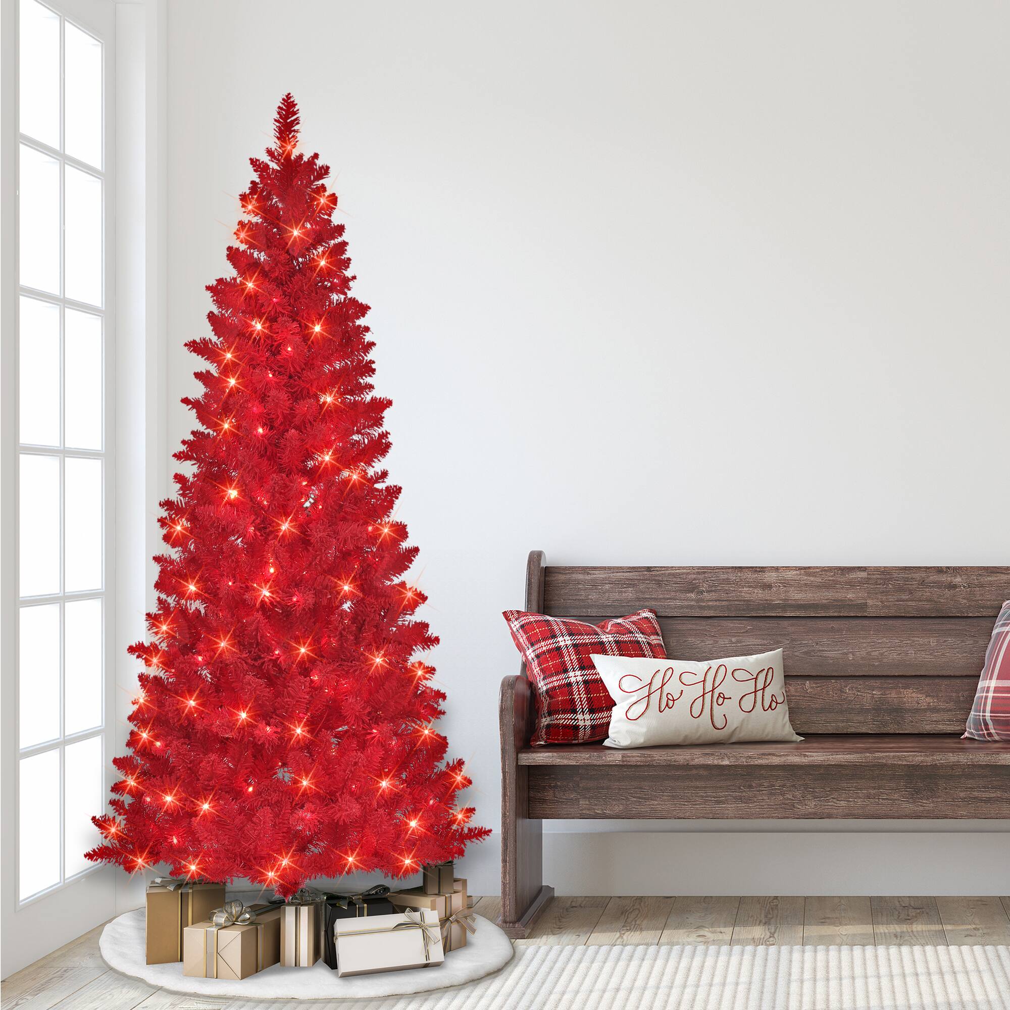 6.5ft. Pre-Lit Flocked Fashion Red Artificial Christmas Tree, Clear LED Lights